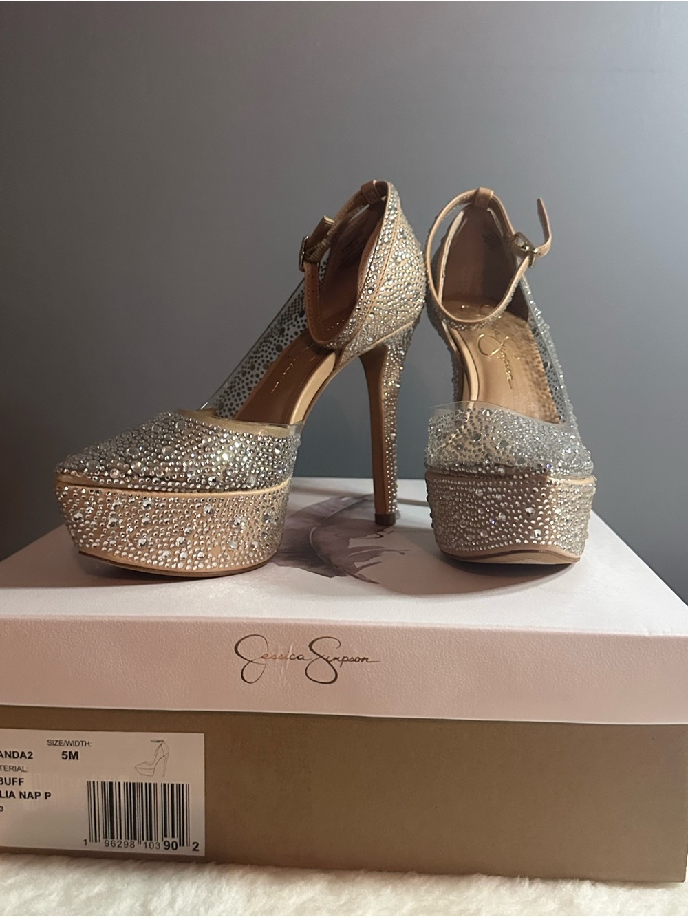 Jessica Simpson Gold Crystal Platform Heels with Ankle Strap